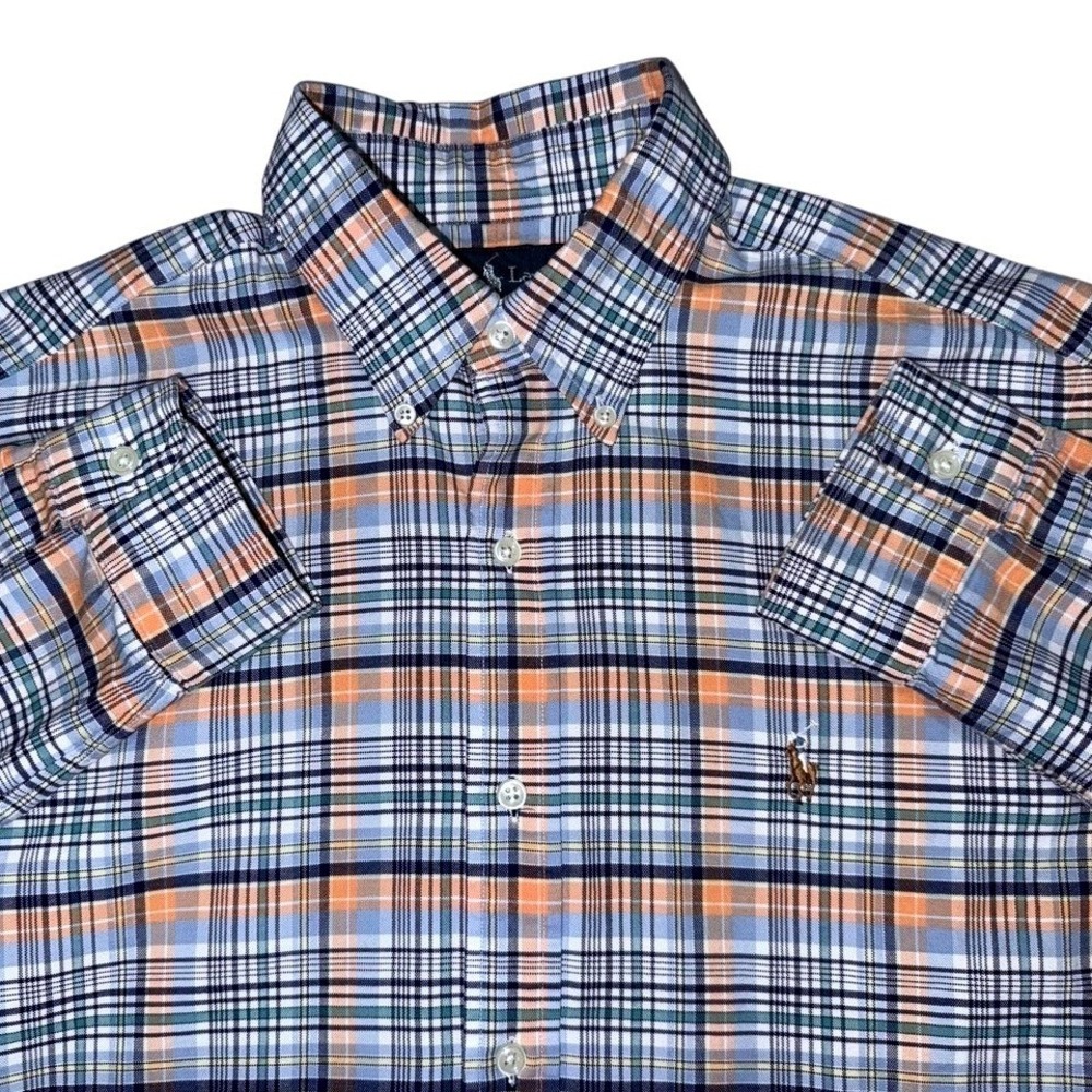 Ralph Lauren Oxford Pony Plaid Button Down Shirt Mens M Orange Blue Classic Fit